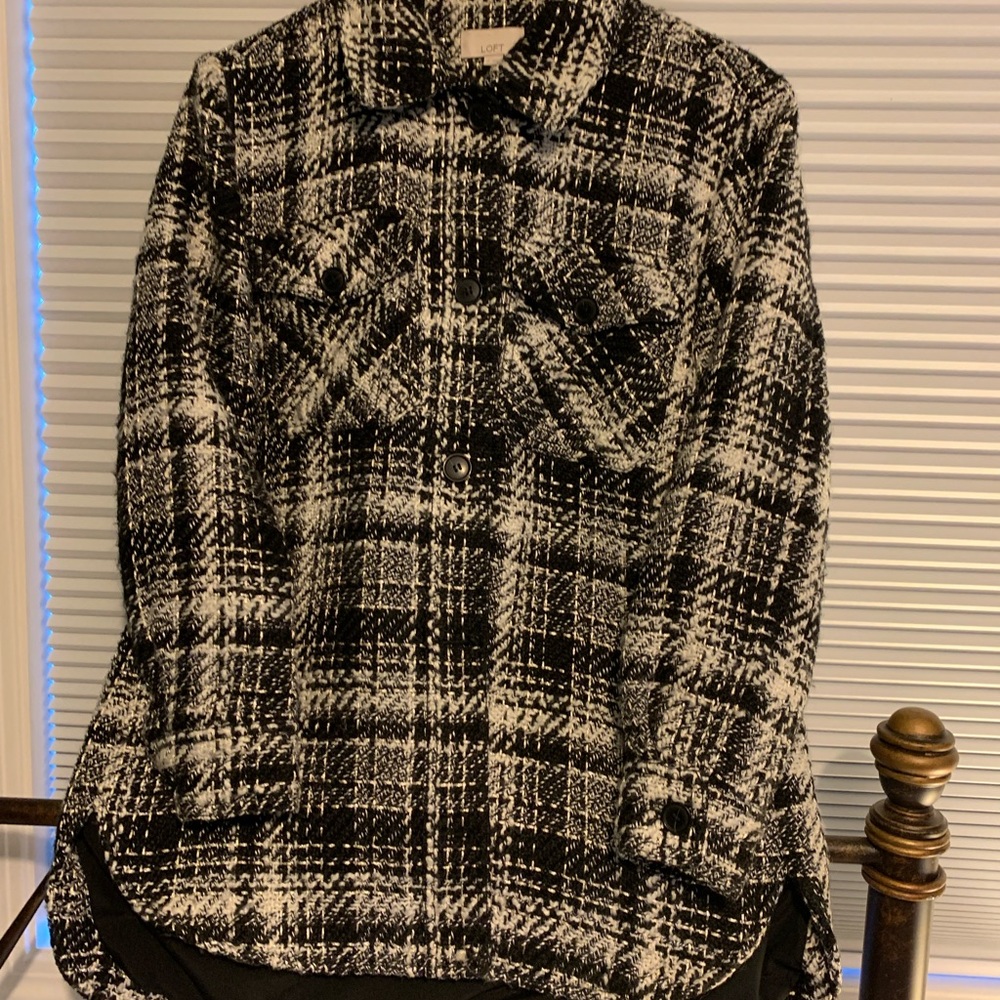 LOFT Black and White Plaid Teddy Jacket